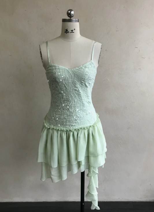 Robe de Soirée Courte Chic Verte en Tulle, Robe d'Anniversaire Fourreau à Bretelles, Robe de Bal ED09214