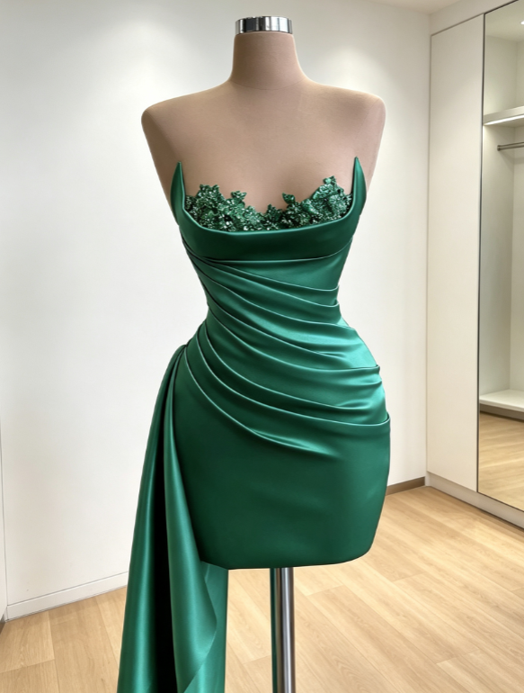 Chic Green Short Prom Dress Satin Sheath Birthday Dress Strapless Hoco Dress ED09215