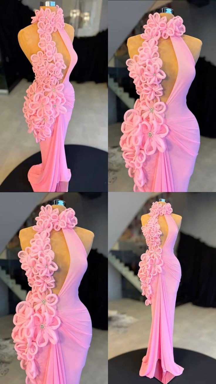 Chic Pink Prom Dress Chiffon Sheath Evening Dress Halter Long Formal Dress ED09216