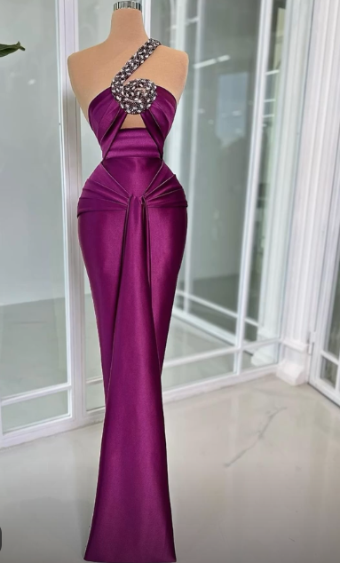 Chic Purple Prom Dress Satin Sheath Evening Dress One-shoulder Long Formal Dress ED09217