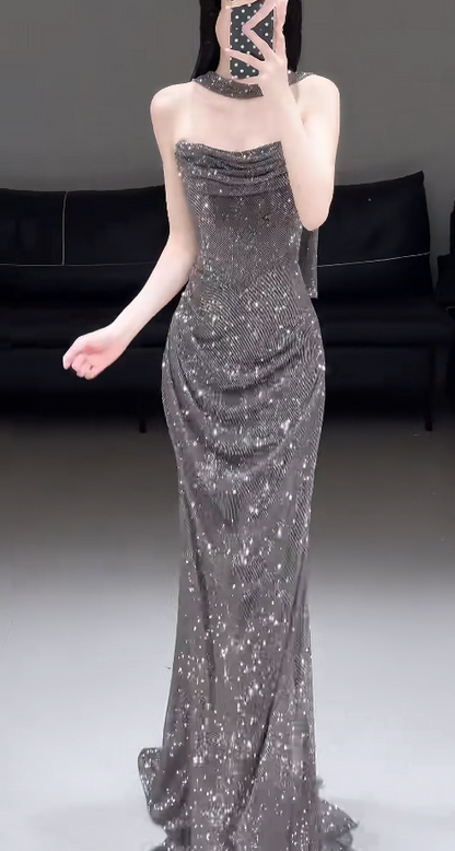 Chic Purple Prom Dress Beaded Chiffon A-Line Evening Dress Strapless Long Formal Dress ED09219