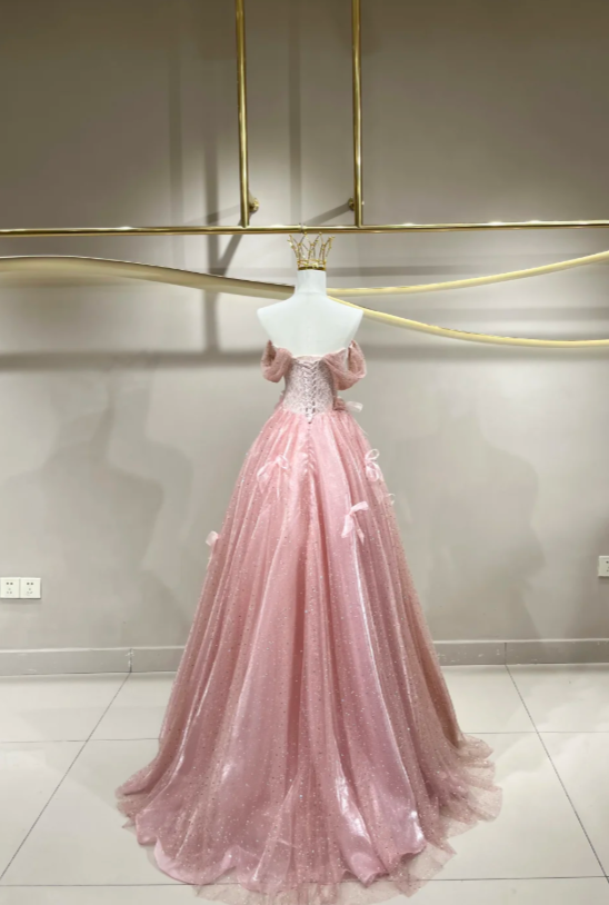 Fairy Pink Prom Dress  Off-shoulder A-Line Long Evening Dress Tulle Dress for Party Dress ED09220