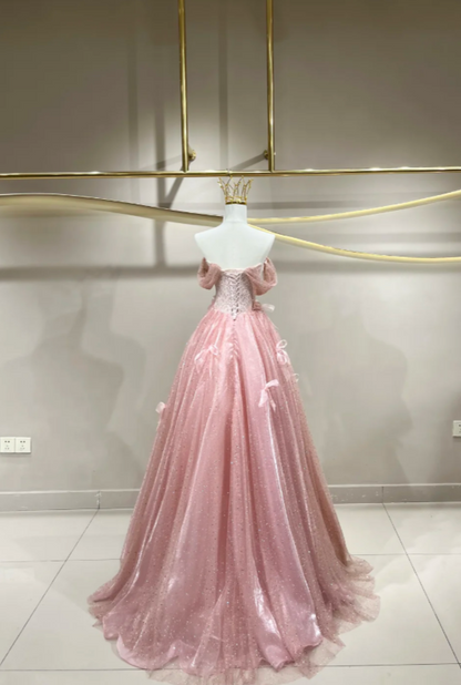 Fairy Pink Prom Dress  Off-shoulder A-Line Long Evening Dress Tulle Dress for Party Dress ED09220