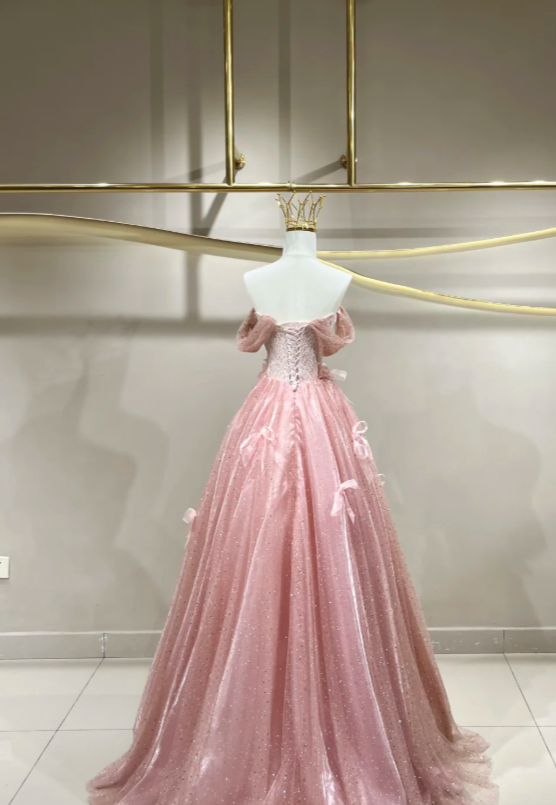 Fairy Pink Prom Dress  Off-shoulder A-Line Long Evening Dress Tulle Dress for Party Dress ED09220