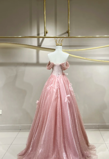 Fairy Pink Prom Dress  Off-shoulder A-Line Long Evening Dress Tulle Dress for Party Dress ED09220