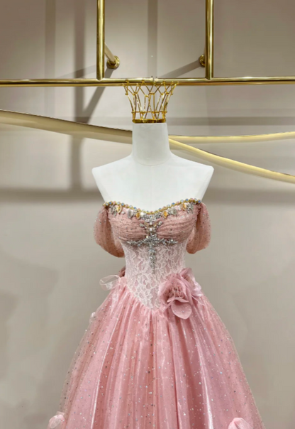 Fairy Pink Prom Dress  Off-shoulder A-Line Long Evening Dress Tulle Dress for Party Dress ED09220