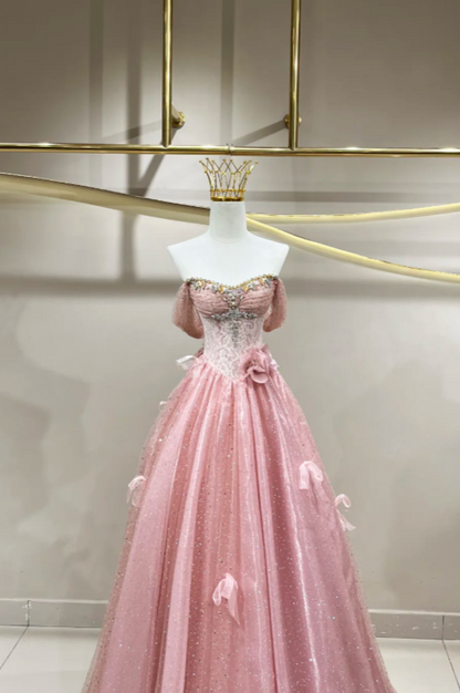 Fairy Pink Prom Dress  Off-shoulder A-Line Long Evening Dress Tulle Dress for Party Dress ED09220