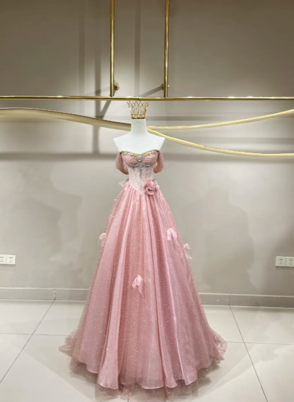 Fairy Pink Prom Dress  Off-shoulder A-Line Long Evening Dress Tulle Dress for Party Dress ED09220