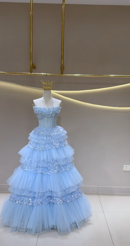 Fairy Blue Prom Dress  Strapless A-Line Long Evening Dress Tulle Dress for Party Dress ED09221