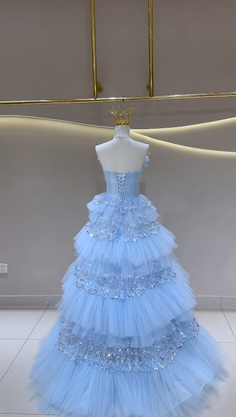 Fairy Blue Prom Dress  Strapless A-Line Long Evening Dress Tulle Dress for Party Dress ED09221