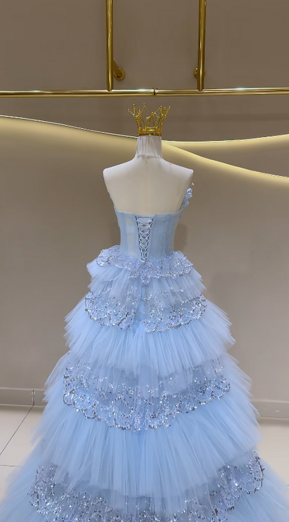 Fairy Blue Prom Dress  Strapless A-Line Long Evening Dress Tulle Dress for Party Dress ED09221