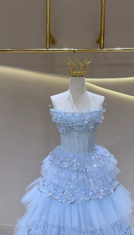 Fairy Blue Prom Dress  Strapless A-Line Long Evening Dress Tulle Dress for Party Dress ED09221
