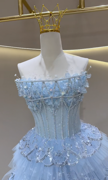 Fairy Blue Prom Dress  Strapless A-Line Long Evening Dress Tulle Dress for Party Dress ED09221