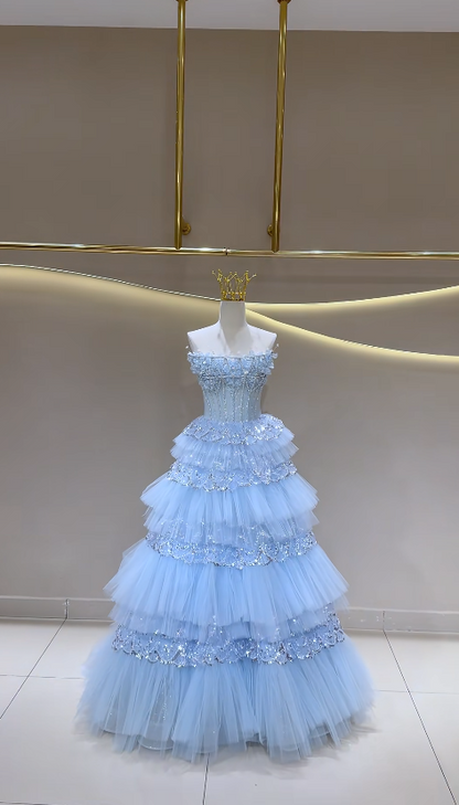 Fairy Blue Prom Dress  Strapless A-Line Long Evening Dress Tulle Dress for Party Dress ED09221