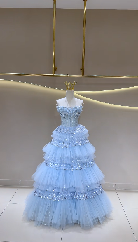 Fairy Blue Prom Dress  Strapless A-Line Long Evening Dress Tulle Dress for Party Dress ED09221