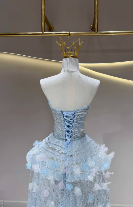 Fairy Blue Prom Dress Off-shoulder A-Line Long Evening Dress Tulle Dress for Party Dress ED09222