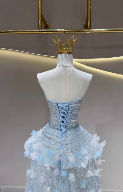 Fairy Blue Prom Dress Off-shoulder A-Line Long Evening Dress Tulle Dress for Party Dress ED09222