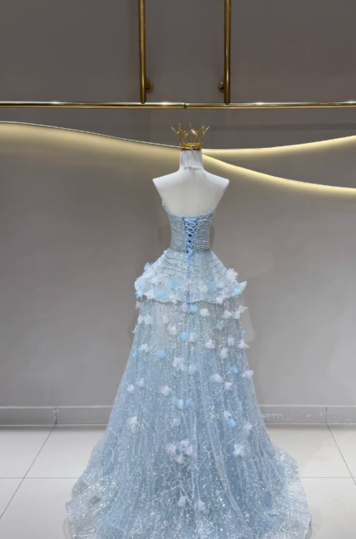 Fairy Blue Prom Dress Off-shoulder A-Line Long Evening Dress Tulle Dress for Party Dress ED09222