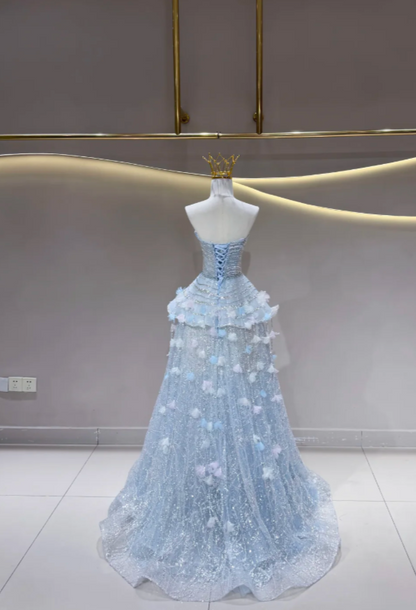 Fairy Blue Prom Dress Off-shoulder A-Line Long Evening Dress Tulle Dress for Party Dress ED09222
