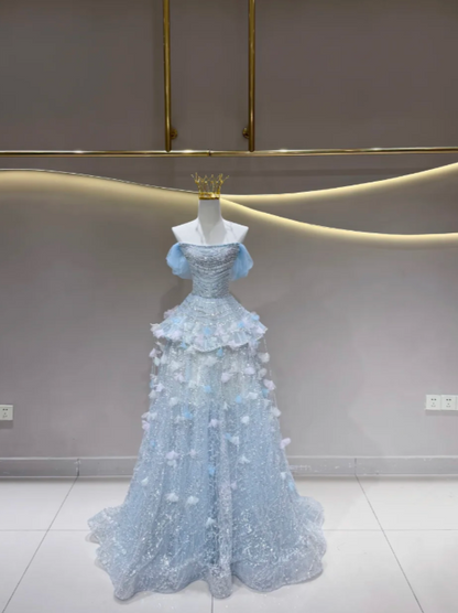 Fairy Blue Prom Dress Off-shoulder A-Line Long Evening Dress Tulle Dress for Party Dress ED09222