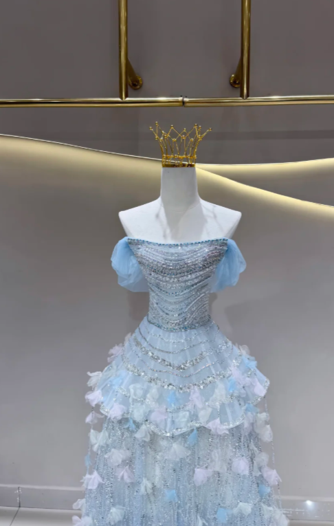 Fairy Blue Prom Dress Off-shoulder A-Line Long Evening Dress Tulle Dress for Party Dress ED09222