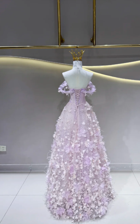 Fairy Purple Prom Dress Off-shoulder A-Line Long Evening Dress Tulle Dress for Party Dress ED09223