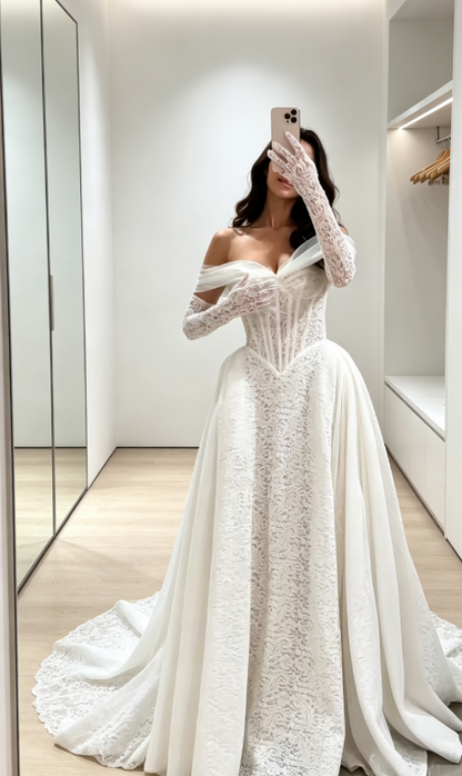 Gorgeous Off-shoulder A-Line WEdding Dress Lace Bridal Gown White Bridal Dress ED09224