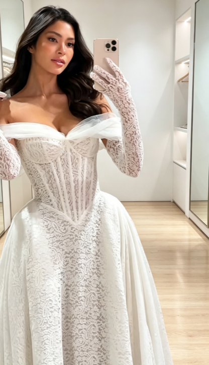 Gorgeous Off-shoulder A-Line WEdding Dress Lace Bridal Gown White Bridal Dress ED09224