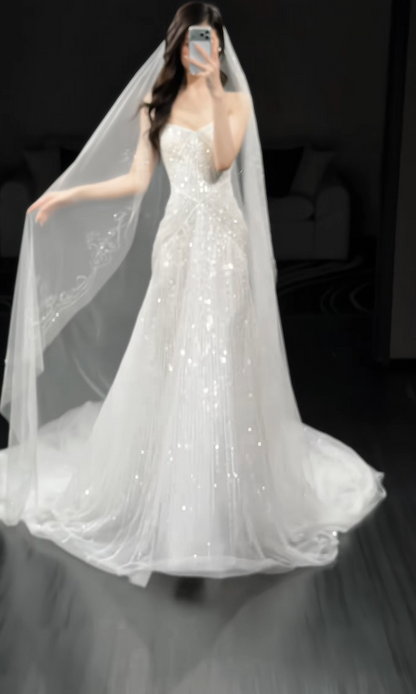Gorgeous Sweetheart A-line Wedding Dress Tulle Sequins Bridal Gown White Bridal Dress ED09227