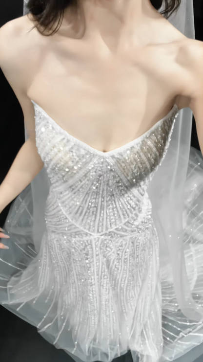 Gorgeous Sweetheart A-line Wedding Dress Tulle Sequins Bridal Gown White Bridal Dress ED09227