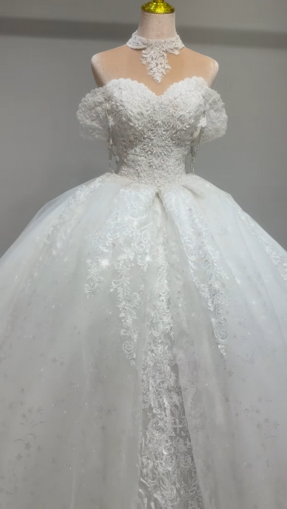 Gorgeous Off-shoulder A-line Wedding Dress Tulle Beaded Appliques Bridal Gown White Bridal Dress ED09231