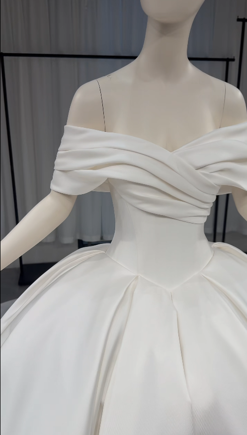 Modest Off-shoulder A-Line Wedding Dress Satin Bridal Gown White Bridal Dress ED09234