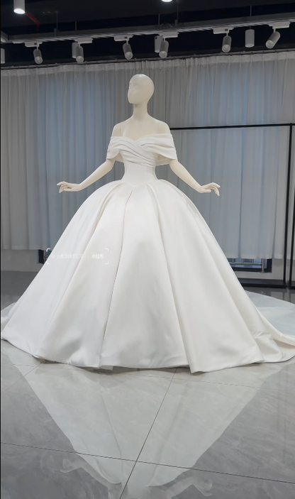Modest Off-shoulder A-Line Wedding Dress Satin Bridal Gown White Bridal Dress ED09234