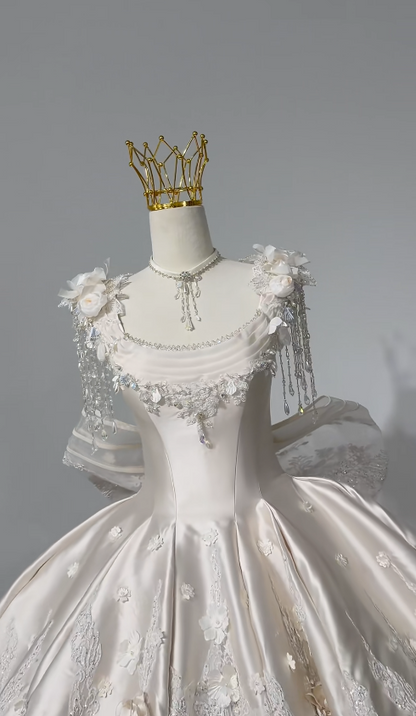 Modest Square Neck A-Line Wedding Dress Applique Satin Bridal Gown White Bridal Dress ED09235