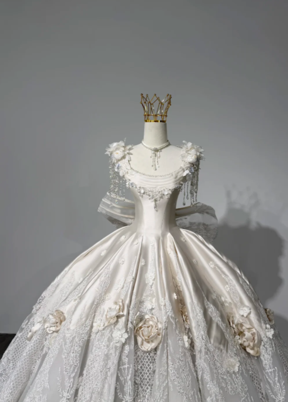 Modest Square Neck A-Line Wedding Dress Applique Satin Bridal Gown White Bridal Dress ED09235