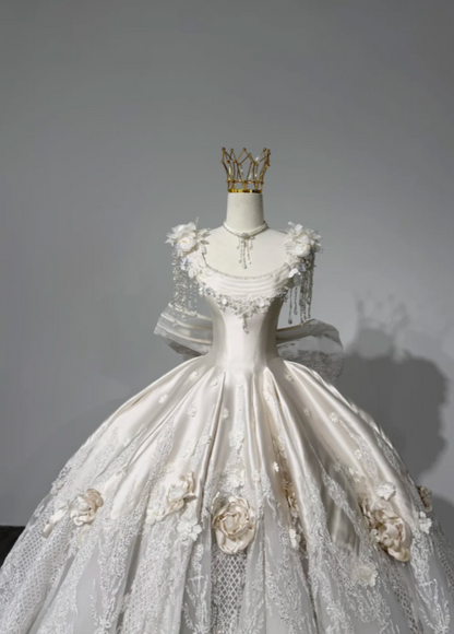 Modest Square Neck A-Line Wedding Dress Applique Satin Bridal Gown White Bridal Dress ED09235