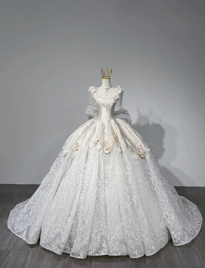 Modest Square Neck A-Line Wedding Dress Applique Satin Bridal Gown White Bridal Dress ED09235