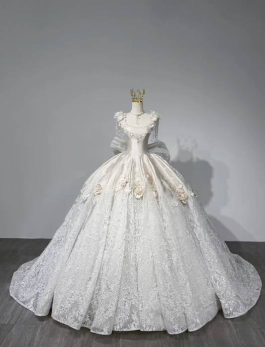 Modest Square Neck A-Line Wedding Dress Applique Satin Bridal Gown White Bridal Dress ED09235