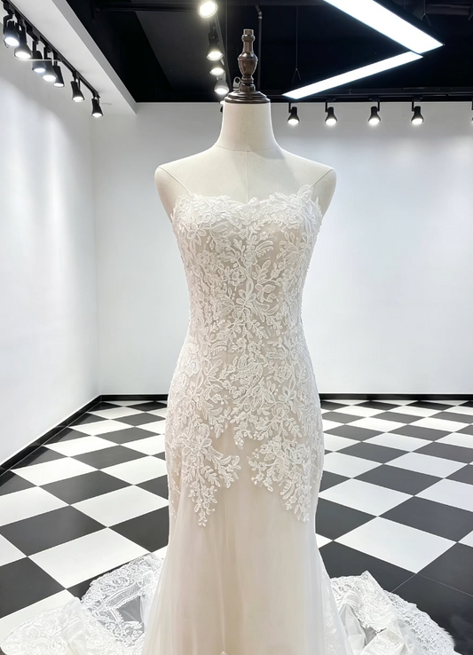 Modest Strapless Mermaid Wedding Dress Applique Tulle Bridal Gown White Bridal Dress ED09236
