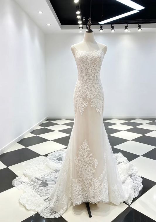 Modest Strapless Mermaid Wedding Dress Applique Tulle Bridal Gown White Bridal Dress ED09236