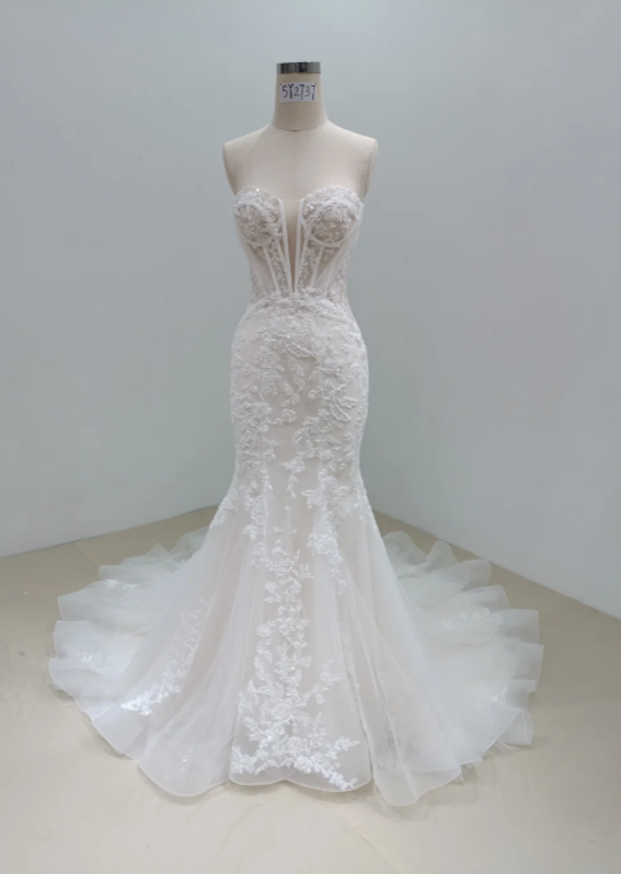 Modest Sweetheart Mermaid Wedding Dress Applique Tulle Bridal Gown White Bridal Dress ED09237
