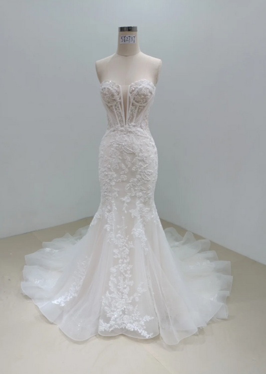 Robe de mariée sirène modeste et adorable en tulle ornée d'appliqués, Robe de mariée blanche ED09237