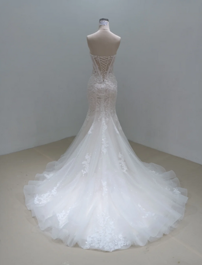 Modest Sweetheart Mermaid Wedding Dress Applique Tulle Bridal Gown White Bridal Dress ED09237