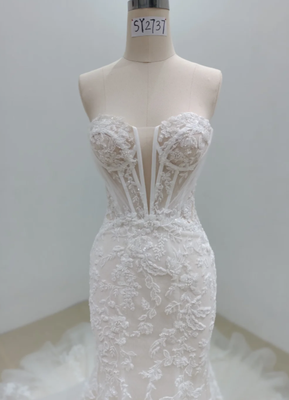 Modest Sweetheart Mermaid Wedding Dress Applique Tulle Bridal Gown White Bridal Dress ED09237