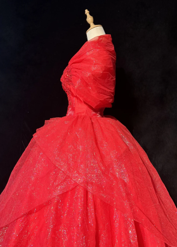 Modest Sweetheart A-Line Long Evening Dress Tulle Red Prom Dress ED09240