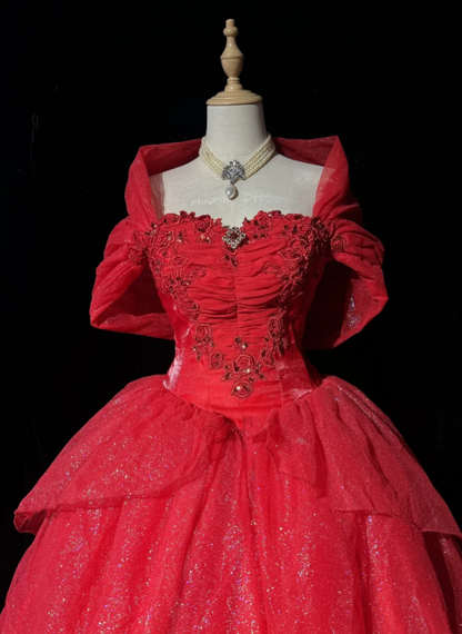 Modest Sweetheart A-Line Long Evening Dress Tulle Red Prom Dress ED09240