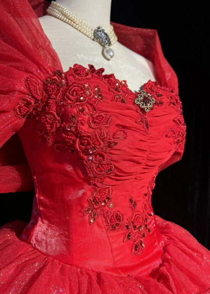 Modest Sweetheart A-Line Long Evening Dress Tulle Red Prom Dress ED09240