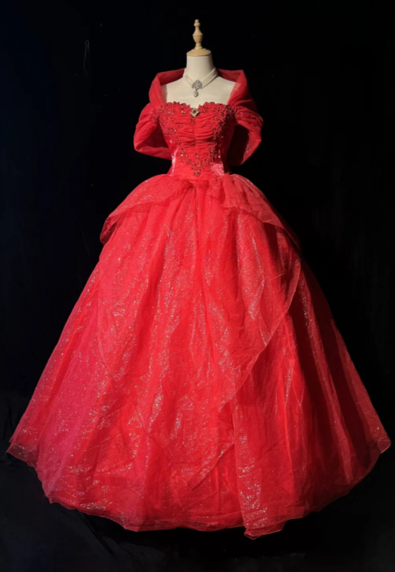 Modest Sweetheart A-Line Long Evening Dress Tulle Red Prom Dress ED09240