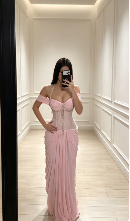 Chic Yellow Prom Dress Sheath Chiffon Dress for Party Off-shoulder Evening Dress ED09241