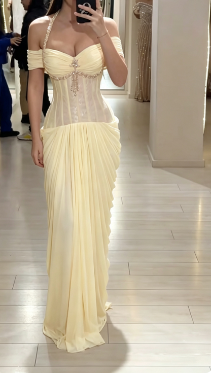 Chic Yellow Prom Dress Sheath Chiffon Dress for Party Off-shoulder Evening Dress ED09241